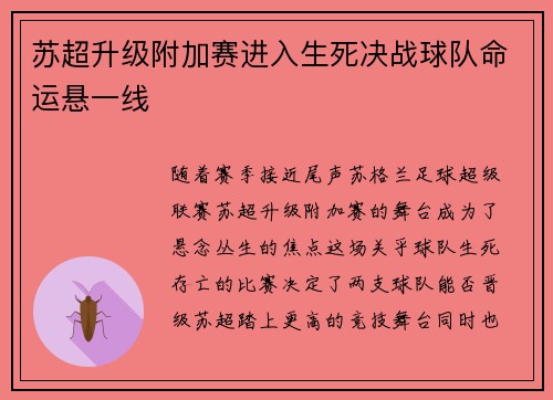 苏超升级附加赛进入生死决战球队命运悬一线